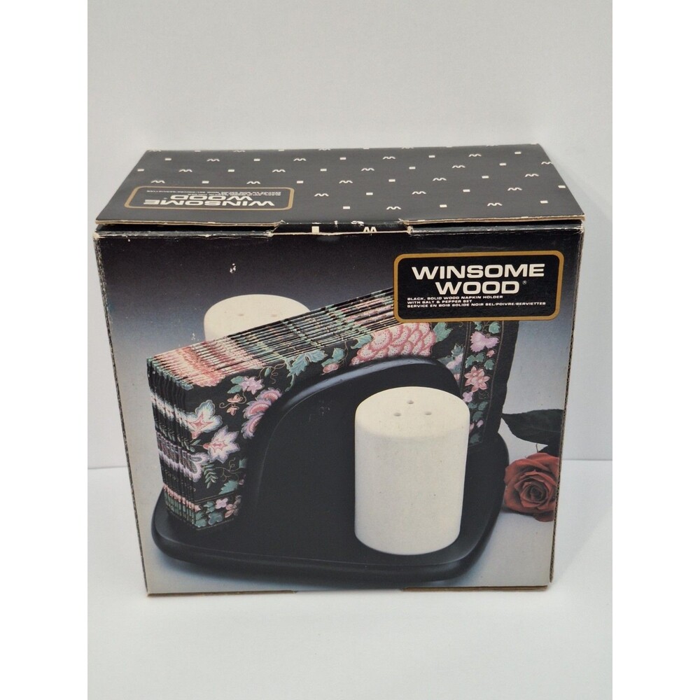 Winsome Wood Napkin Holder with Salt and Pepper Shaker Set Black Vintage NEW